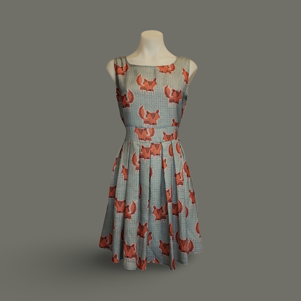 L.A. Soul Fox Print Fit & Flare Sleeveless Tie Dress Blue Orange S Polyester - Picture 2 of 10